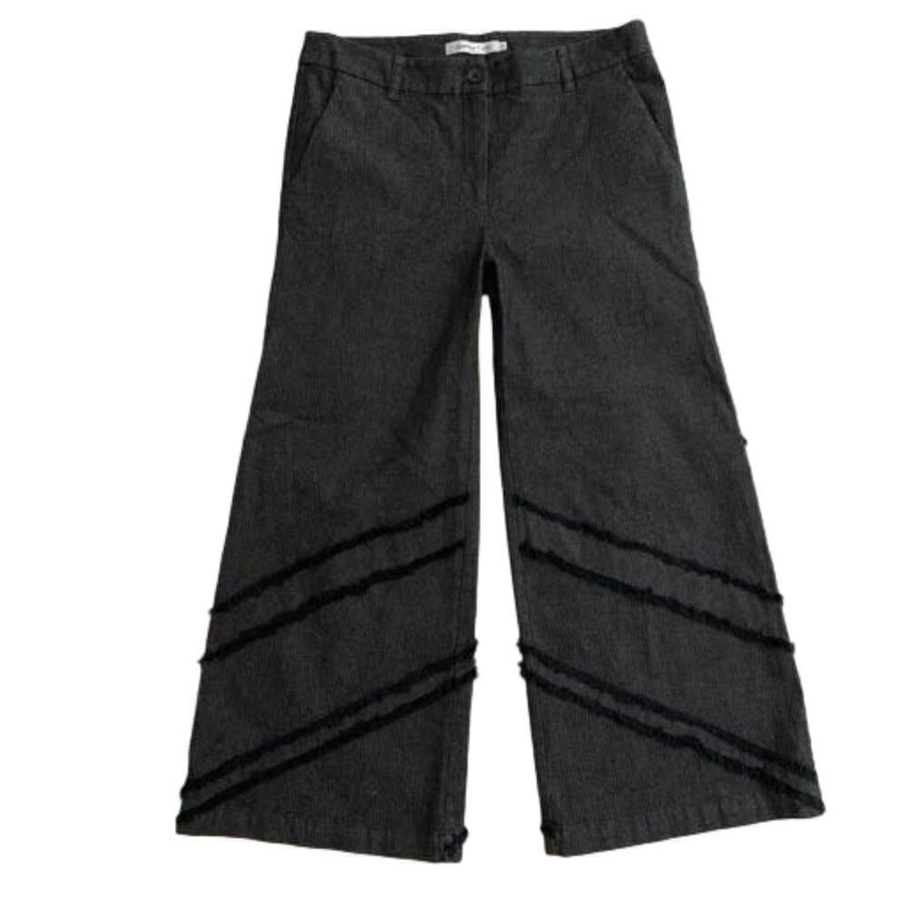 Symphony + Note Charcoal Gray Cotton Wide Leg Trouser Pants Fringe Accent Size S